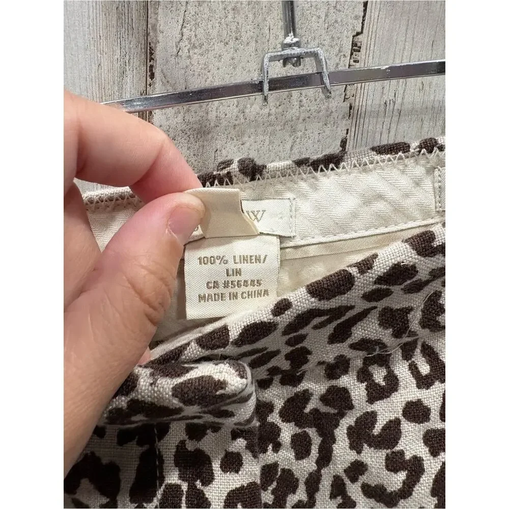 J Crew Womens 0 Pants Cafe Capri Leopard Animal Print 100% Linen Neutral
